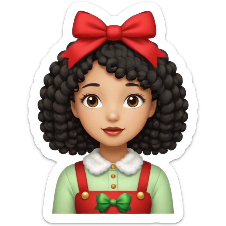 cute girl tan skin, curly black hair chin length, middle part, long eyelashes, cute cheeks, 5'2, outfit croquette style with bows and christmas theme sticker