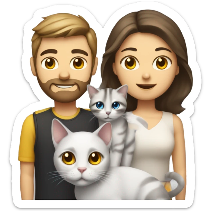 Family emoji: 1 man with brow eyes brown hair and brown beard,1  woman with blue eyes and brow hair, a black and white cat with yellow eyes and is a car with red gray and white color and yellow eyes sticker