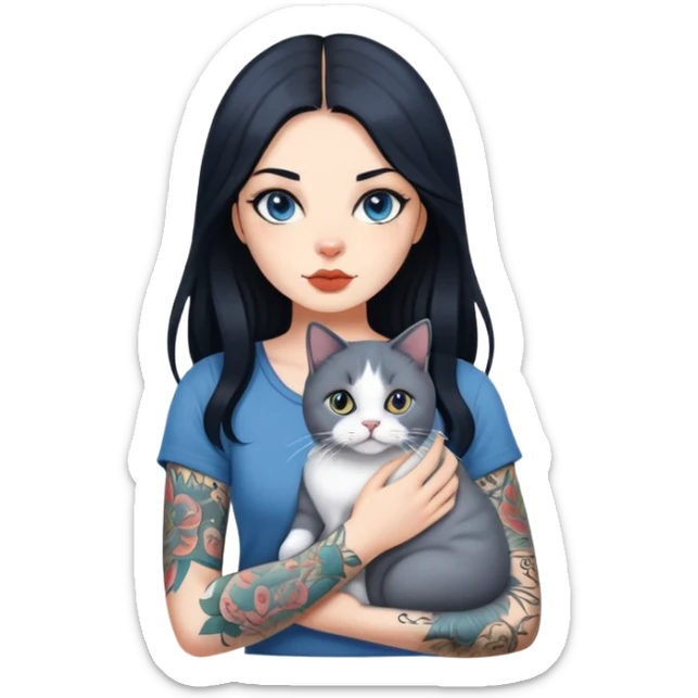 Cool girl with long black hair and tattoos holding a british shorthair blue white cat sticker