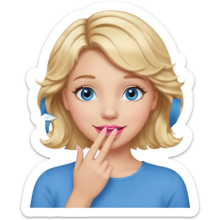 Girl Blonde short wavy hair,  blue eyes, cute blue top, long lashes, pink lips, smiling, hand covering the mouth sticker