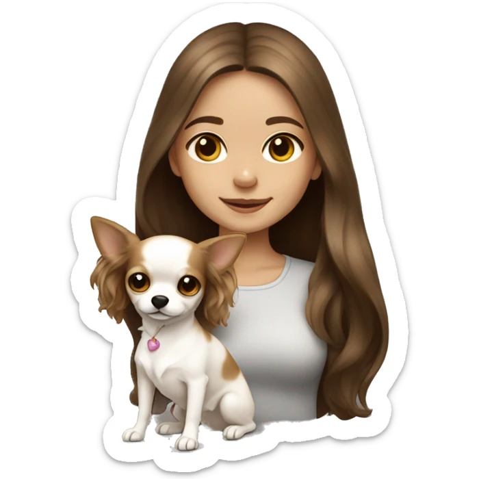 medium wavy brown hair girl with white long haired Chihuahua (with light brown ears) sticker