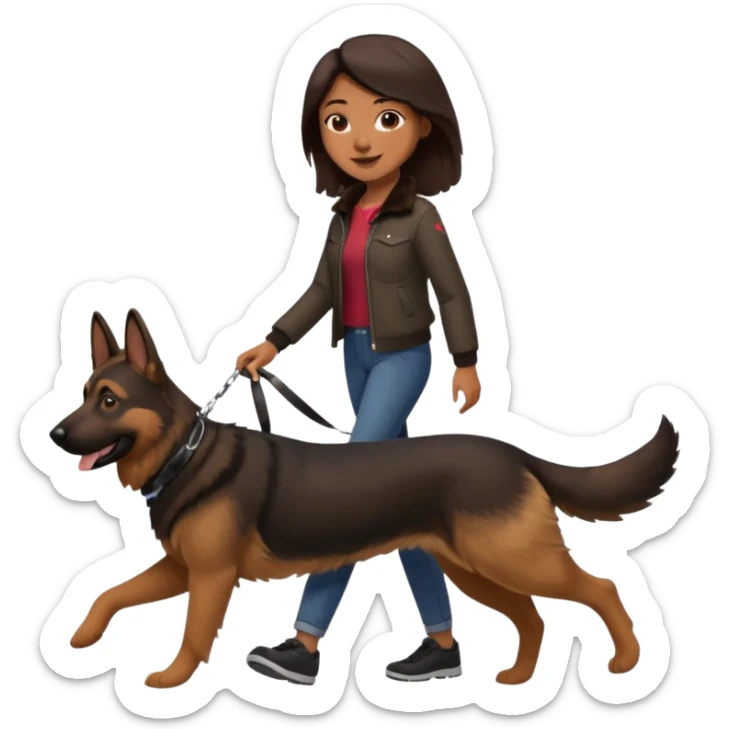 a girl with a brown dark hair, she's walking her dog is a german shepard sticker