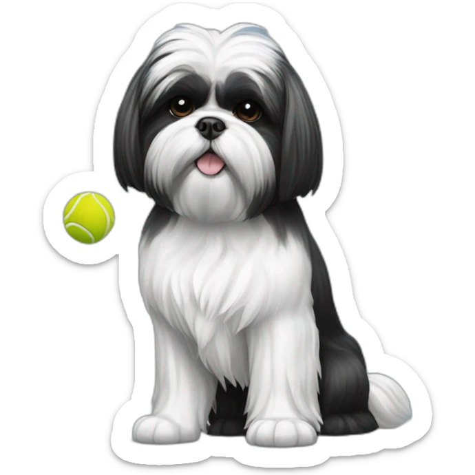 shih tzu dog black and white holding a tennis ball sticker