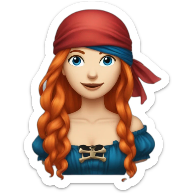 Woman long red platted hair hair only on one side of head, pirate hat. One side of head has no hair. Blue eyes. skull and crossbones t shirt sticker