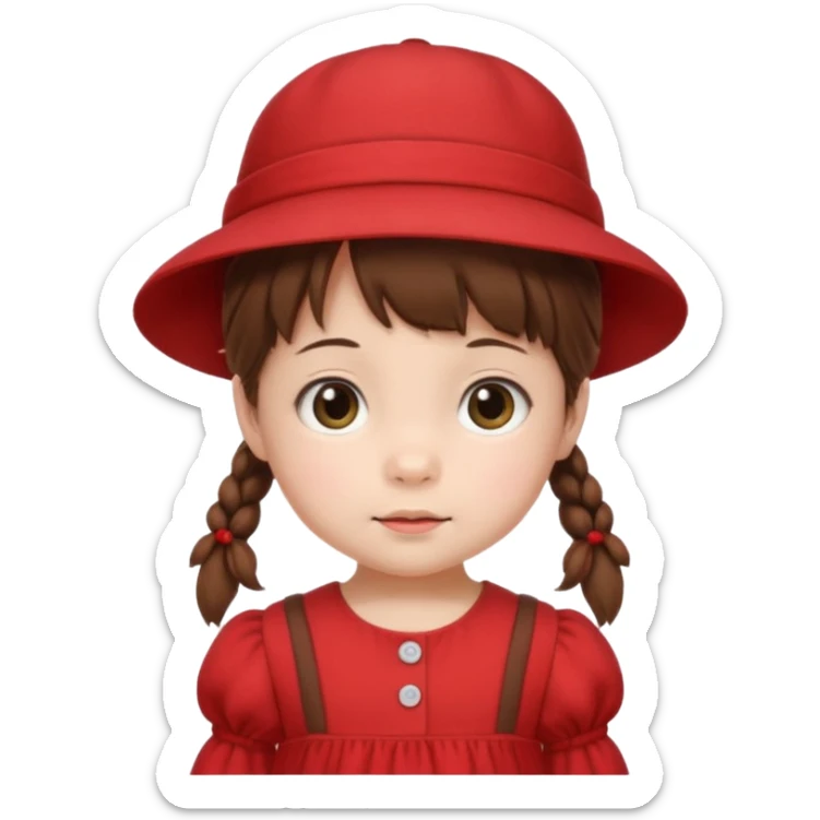 baby girl with brown hair and pigtails with red dress and a hat like My Neighbor Totoro movie sticker