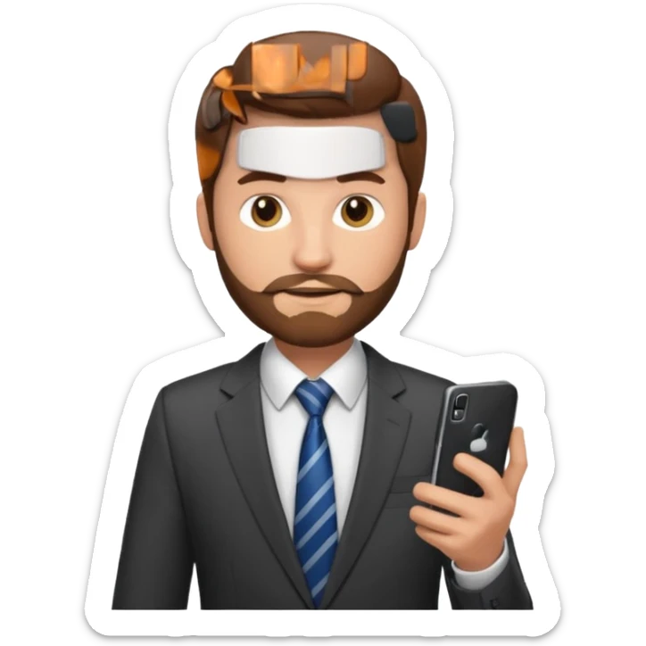 Escribano hombre con un poco de barba,  de traje con tez clara pelo color castaño, vestido con traje camisa y corbata y celular en mano .  sticker