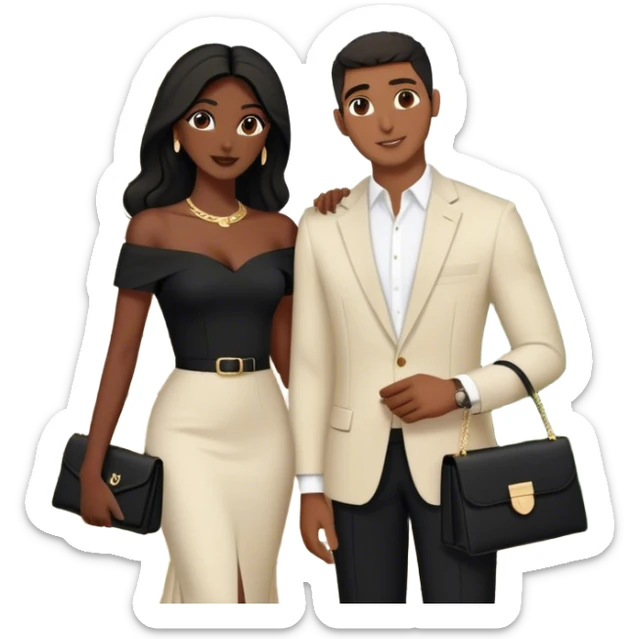 the Lebanese man dressed in all black, and the Palestinian woman in an elegant off-shoulder cream-colored outfit with a matching handbag. The background features a textured stone wall,and lush greenery, they are Arab couple  sticker