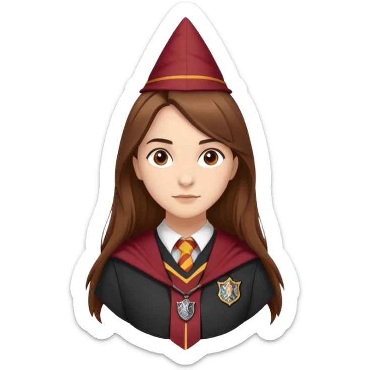 Georgina Leonidas is Katie Bell in harry potter, wear hogwarts gryfindor uniform, medium-to-long, straight brown hair, a practical and natural look, light skin sticker