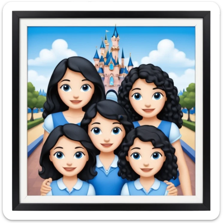 escribe el nombre Disneyland Paris y para titulo, pon a quatro chicas: una pelo corto negro, una pelo rizado largo, una pelo largo liso y la otra pelo ondulado mediano, esta con el ojos azules. Haz un cuadrado rectangular grande en grande blanco y por los lados pon a las chicas que te he descrito sticker