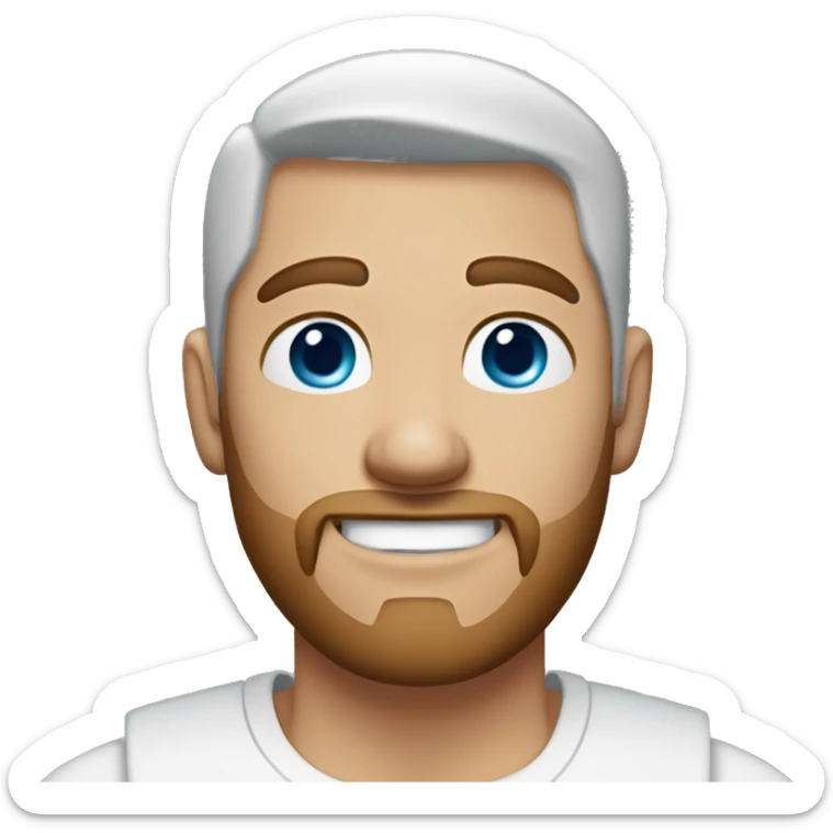 A guy with blue eyes, light white skin, shaved brown hair under 0.5, a little beard on his chin, wearing a white T-shirt, a silver earring piercing with a cross on one ear. sticker