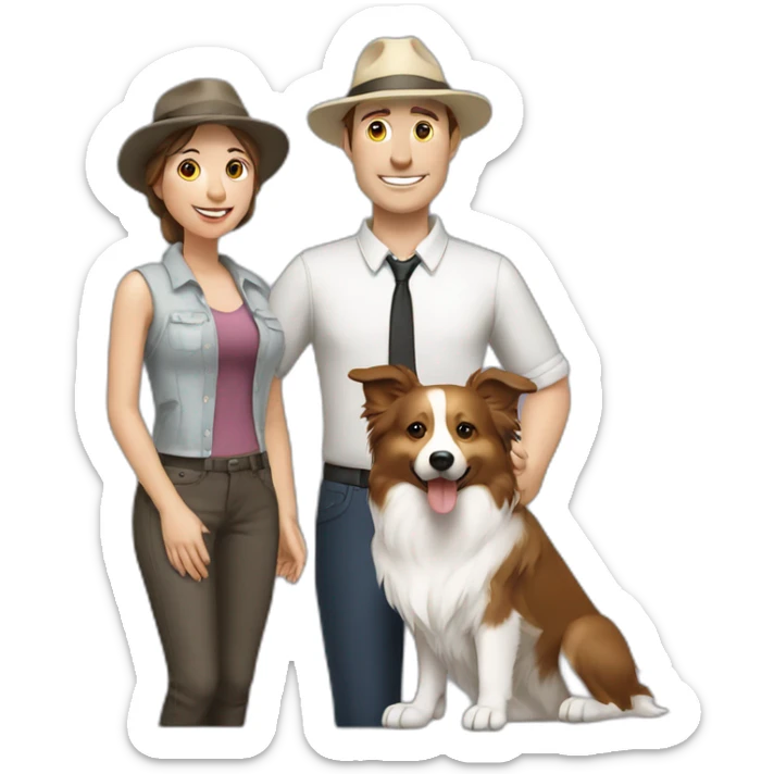 white family group of two consisting of man in hat and woman with ponytail long hair and small border collie dog sticker