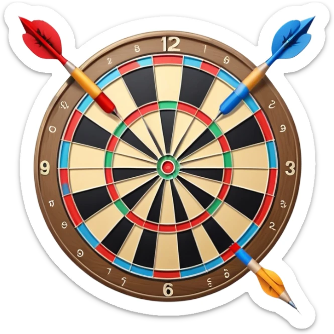 A dartboard with darts firmly stuck in the bullseye, surrounded by the colorful sections of the target. The background conveys a competitive atmosphere, with a subtle focus on precision and skill in the game of darts. sticker