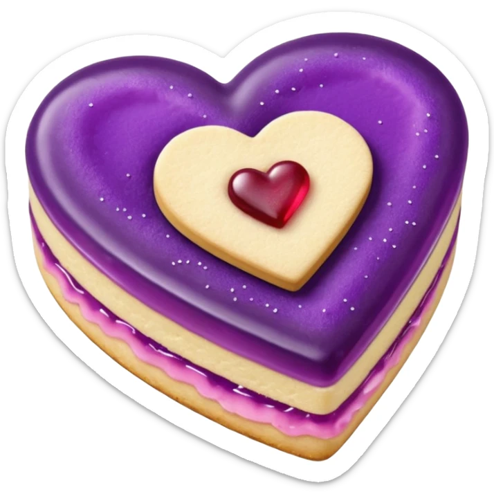 Realistic shortbread cookie in the shape of a heart with violet jelly middle filling and sprinkled powder sugar on top. sticker