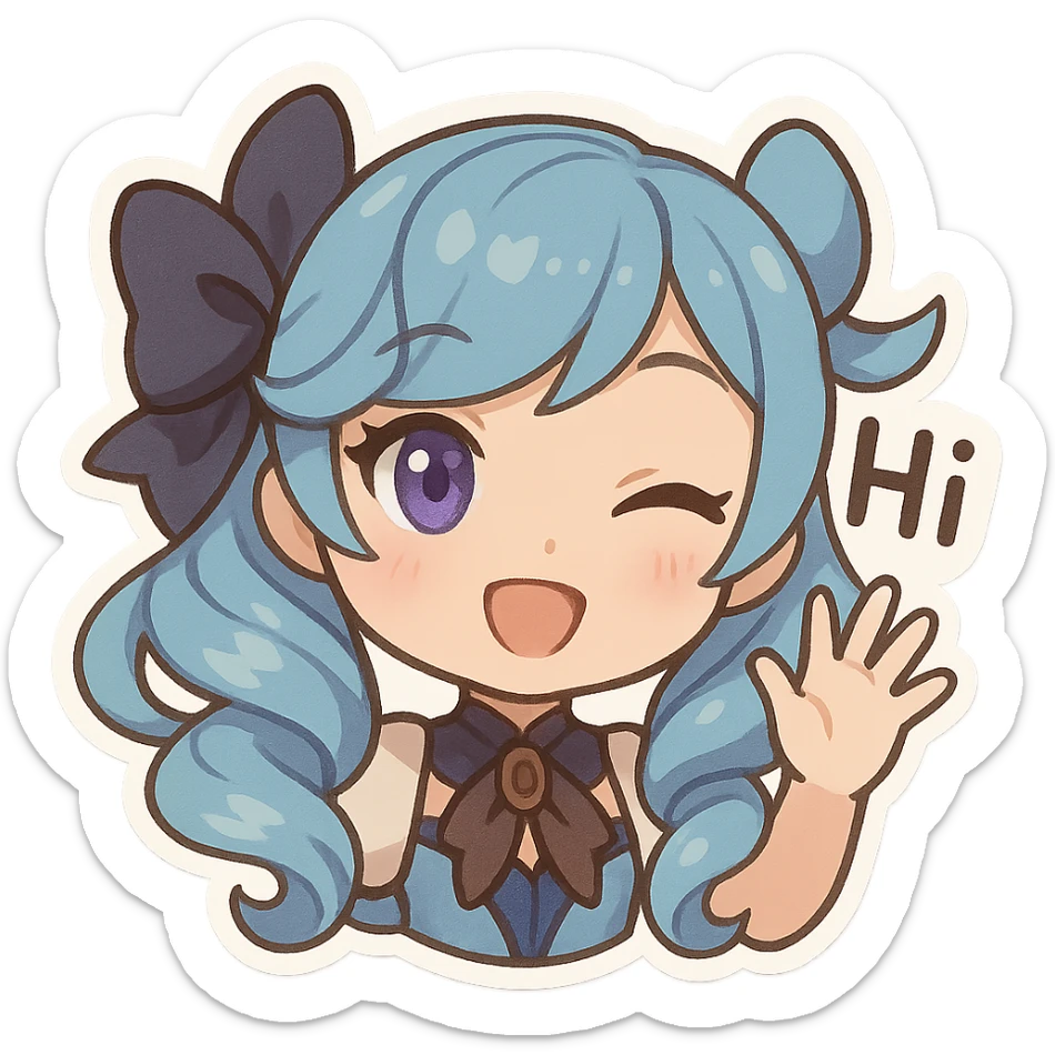 Gwen from League of Legends, chibi style, only head, hi emote, right eye purple, sample 4 sticker