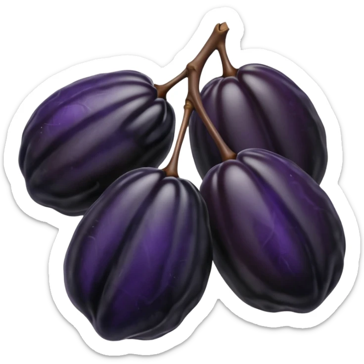two glossy dried prunes with deep black-purple skin, richly wrinkled shiny surface, oval and slightly irregular shape, soft folds, tender and sticky look, no pit, branch, or garnish, soft lighting, subtle shadows, emoji scale sticker