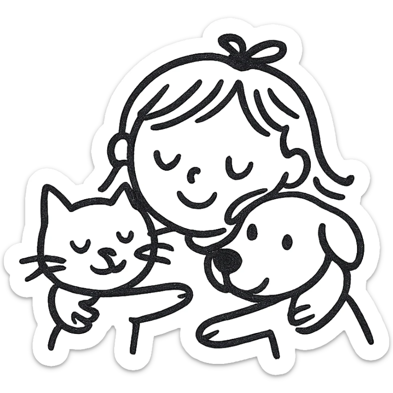 hand drawn outline icon of a cute little girl hugging a cat and a dog, playful lines, no fill, expressive and whimsical sticker