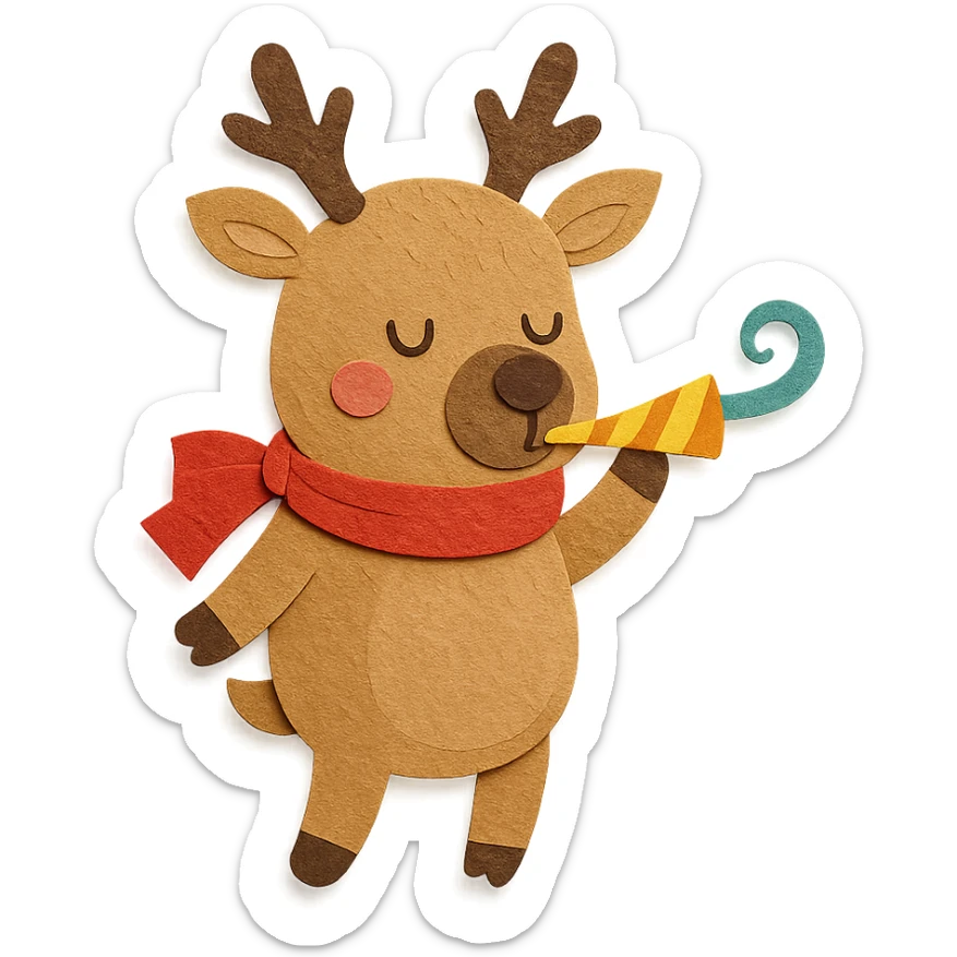 deer with ribbon scarf holding birthday horn in paper-craft style sticker