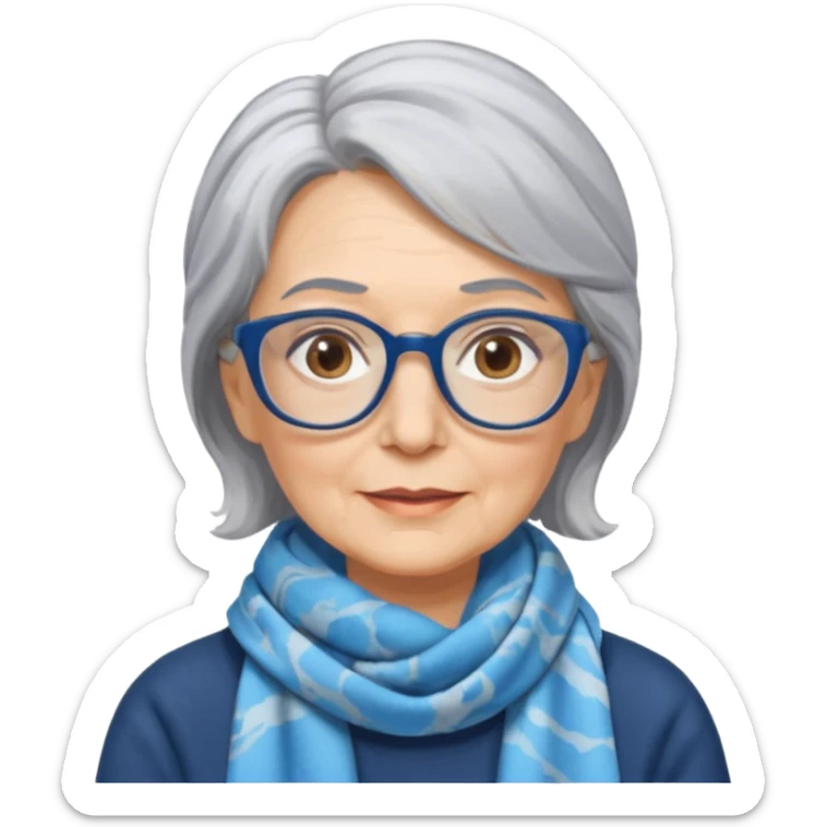 Older woman, shoulder length gray hair, wearing a scarf tied around hair, marbled blue rectangular glasses  sticker