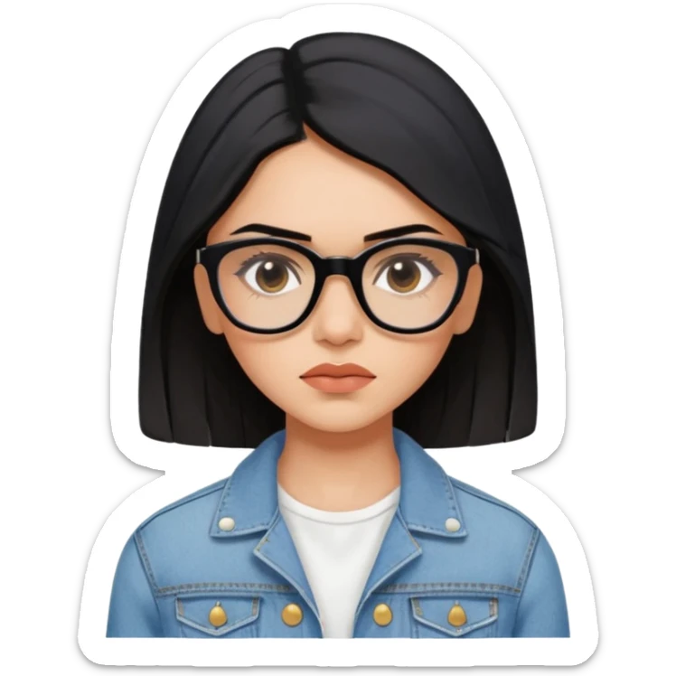 generate a pretty bratz emoji 
Make her wear a white dress with a denim jacket over it. black hair side part 

She should look exactly  like Deepika padukone! wearing tiny rectangular spectacle, looking sad sticker