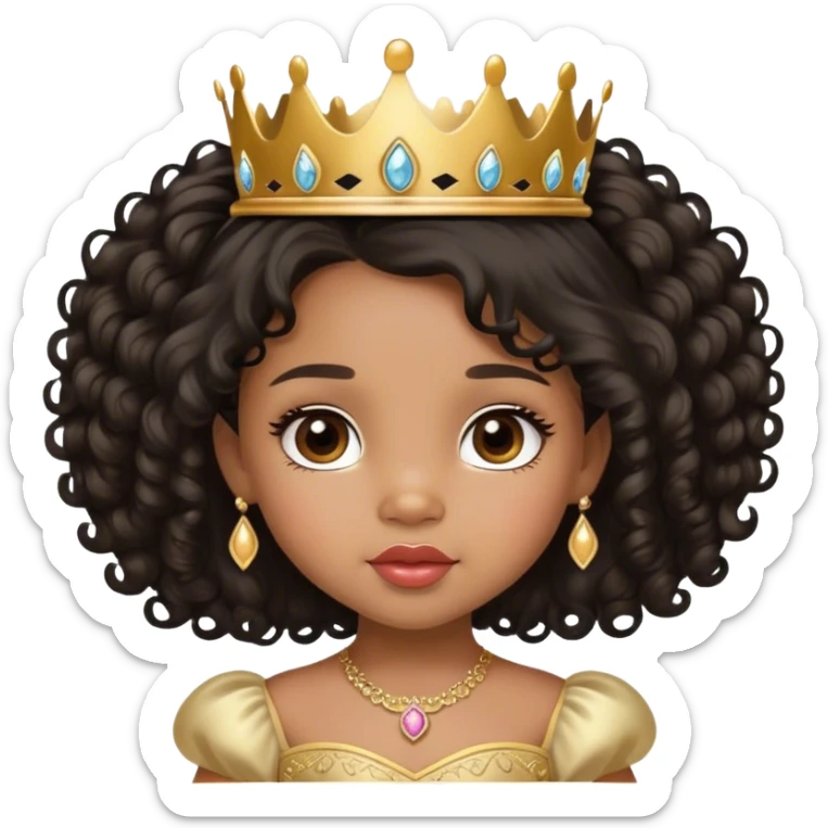 princess, medium brown skin tone, very adorable toddler, with big plump lips, long long lashes, black curly long hair, brown eyes, gold tiara sticker