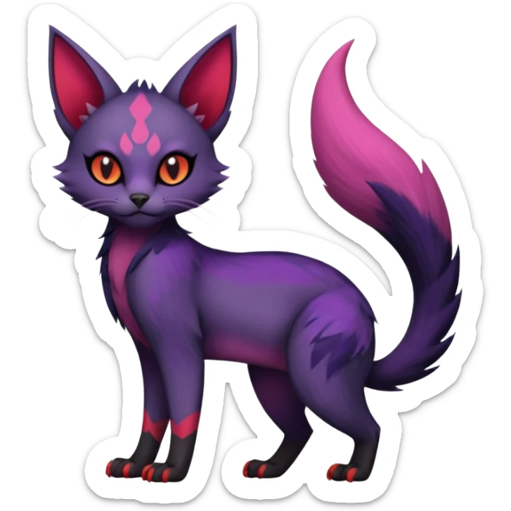 Black edgy Noibat-Purloin-Torracat-Lykoi-Caracal-cat-Fakemon-fusion-hybrid-creature with violet and red scale markings sticker