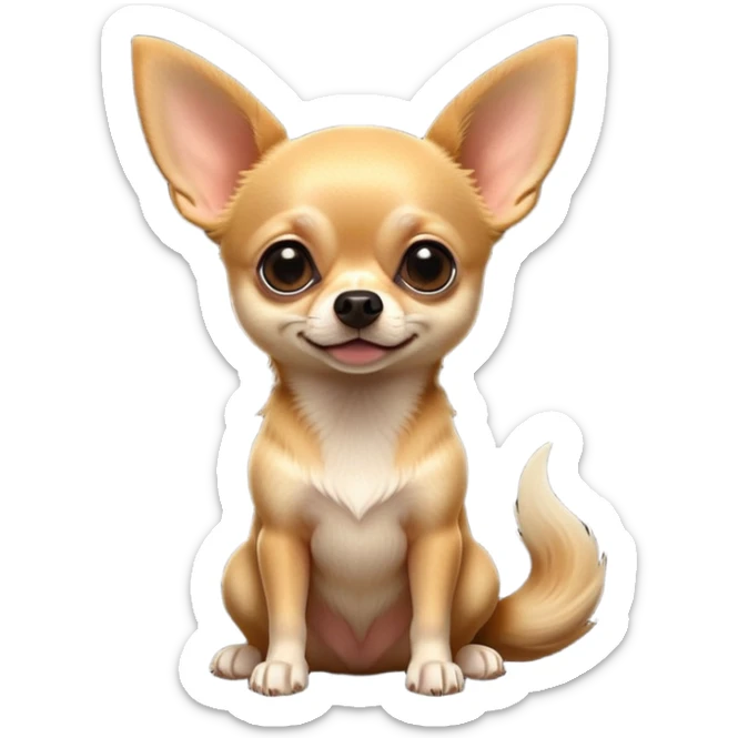 cinematic-[chihuahua dog]-realistic-full-body-sitting-emoji,-tail-resting-loosely-beside-its-paws,-head-tilted-dramatically,-sleek-[black and tan]-fur,-simplified-yet-realistic-focused-features,-highly-detailed,-glowing-with-an-almost-sarcastic-glow sticker