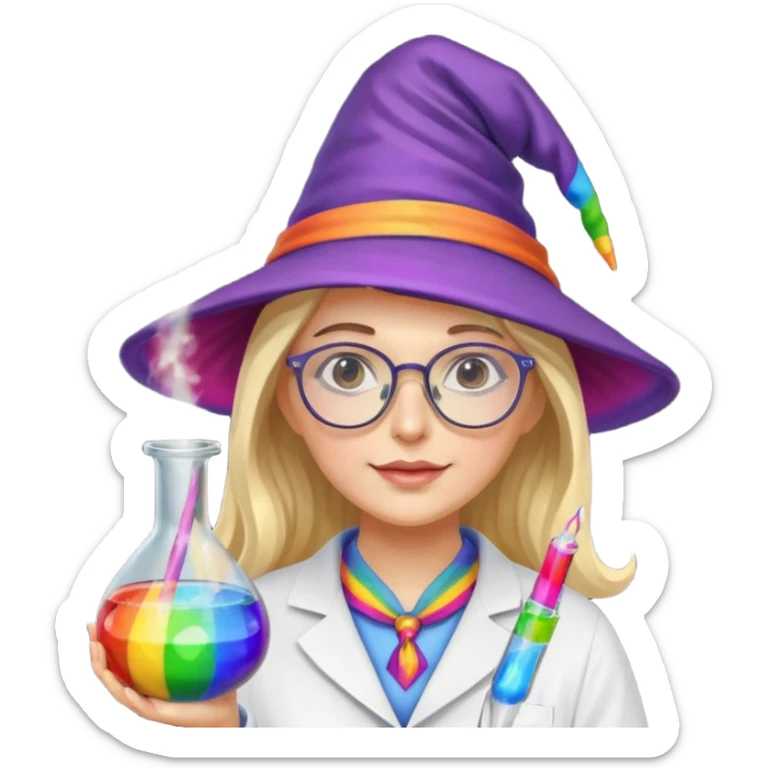 woman scientist with glasses, wearing wizard hat custome, with glass vase, rainbow sticker