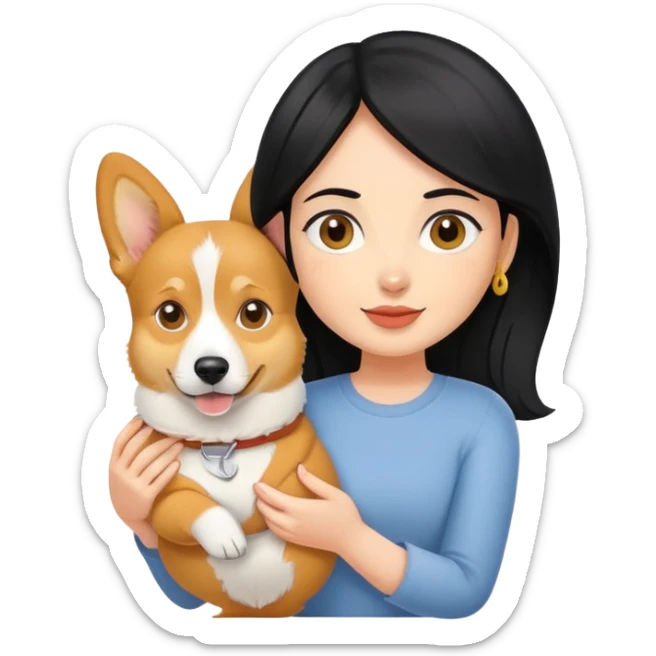 A black hair girl holding a corgi dog and a yellow dog sticker