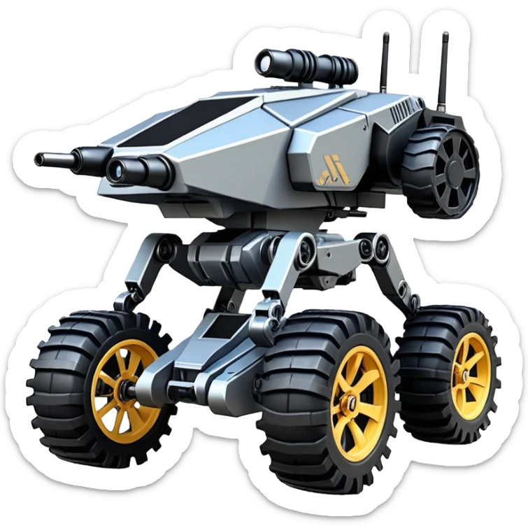 unstoppable jumping accurate 8-wheel armored canine sporty self-balancing massive mech trail vehicle shooting forward side-hill leaning actively robotically articulating hydraulic independent suspended pod gimbal enemy mech off-road racing rover with large fast engine RC basher crawler megatron  sticker