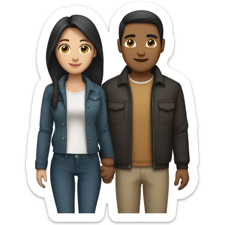 a couple holding hands. the guy has black middle part hair and is Persian and Filipino mix, wearing a jacket. the girl has brown medium length hair white and asian mix, wearing a crop top. sticker