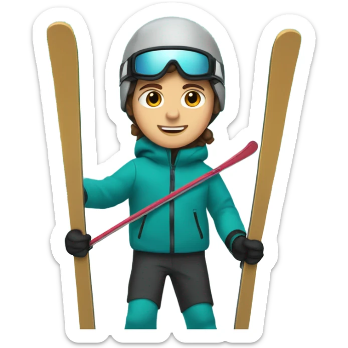 white Boy with wavy brown hair skiing on teal skis. He is wearing a gray coat and black snow pants  sticker