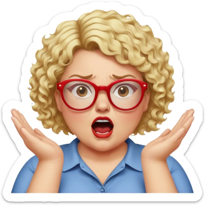 blonde woman with short curly hair, slightly overweight, wearing red-framed glasses, shouting with hands on sides of mouth, angry and proud expression sticker