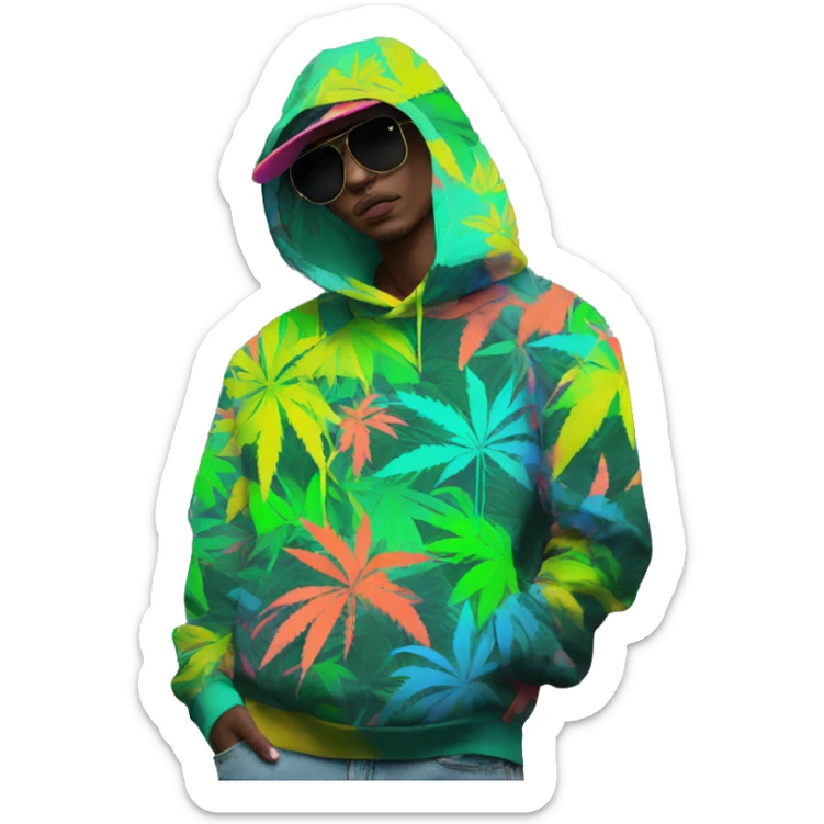 Hemp leaves Multicoloured neon person smoking wearing hoodie dancing hip hop bucket hat tropical Skater fashion aesthetic baggy clothes graphic t shirt 420 sticker