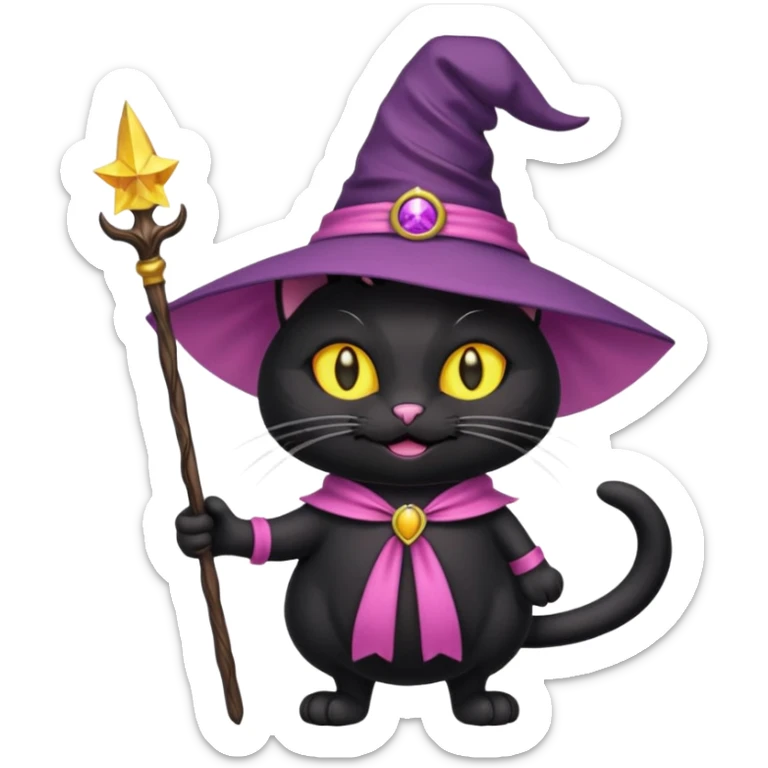 Gotito negro con ojos amarillo sonriendo feliz con los bigotes largos y disfraz de bruja de color rosa el disfraz con varita sticker