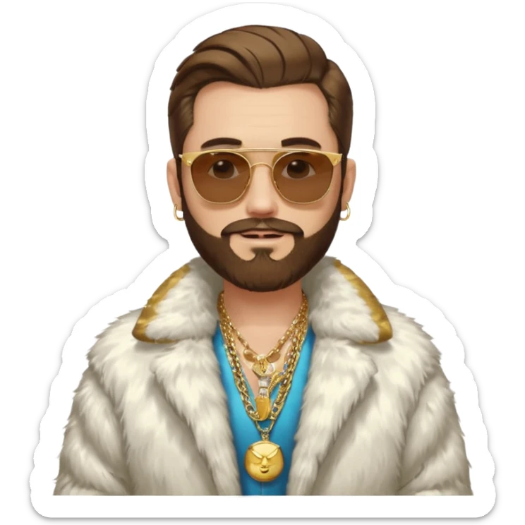 émoji blanc homme barbu, cheveux bruns collés au crane avec raie au milieu, grosses lunettes de soleil rectangulaires à grosse branches, gros bijoux en or (chaine, montre,) manteau de fourrure très fluffy sur les épaules sourire en coin, boucles d'oreilles sticker