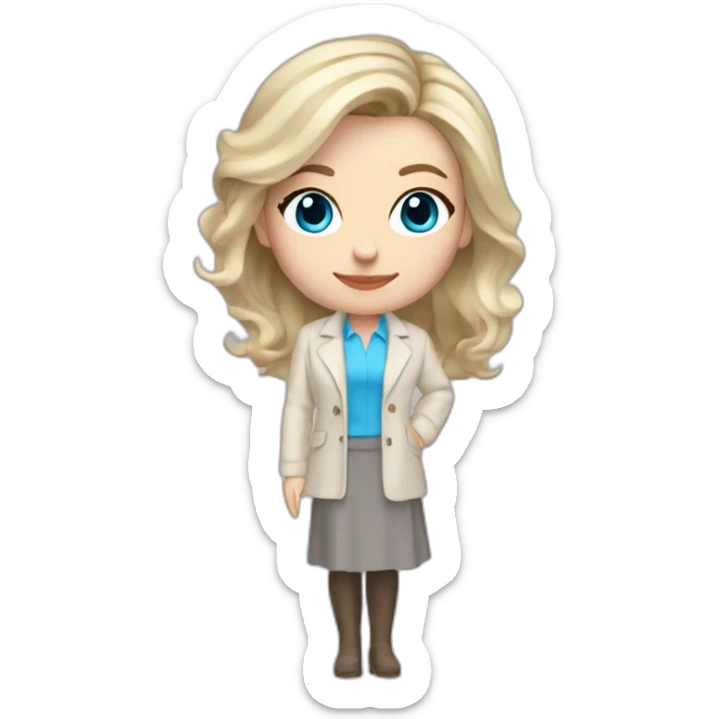 pale skin woman interior designer with cold blonde middle length hair, blue eyes, beige blouse, White oversize jacket, Gray skirt holding a color palette in the hands sticker