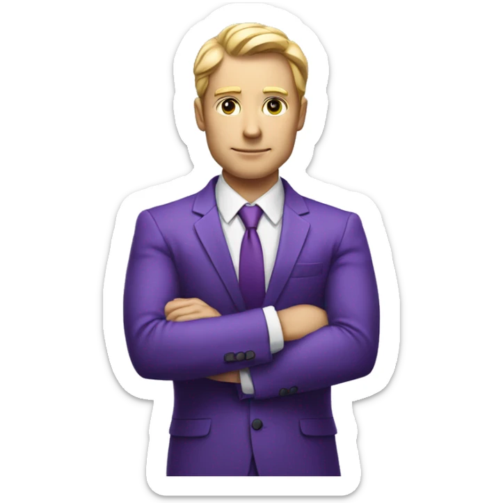 Business man in purple suit multimillionare, crossed arms, white skin sticker