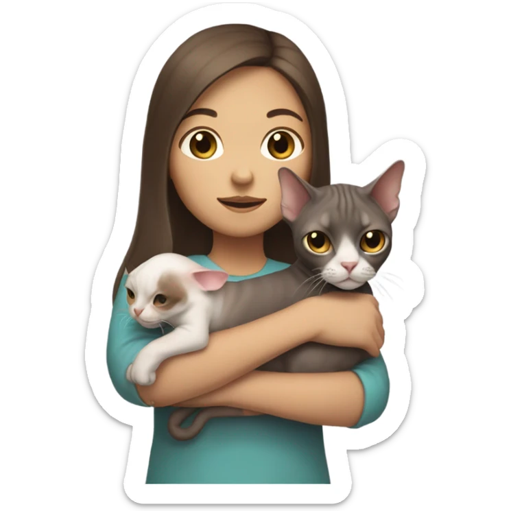 A white asian girl with brown long hair holds a sphinx cat in her arms sticker