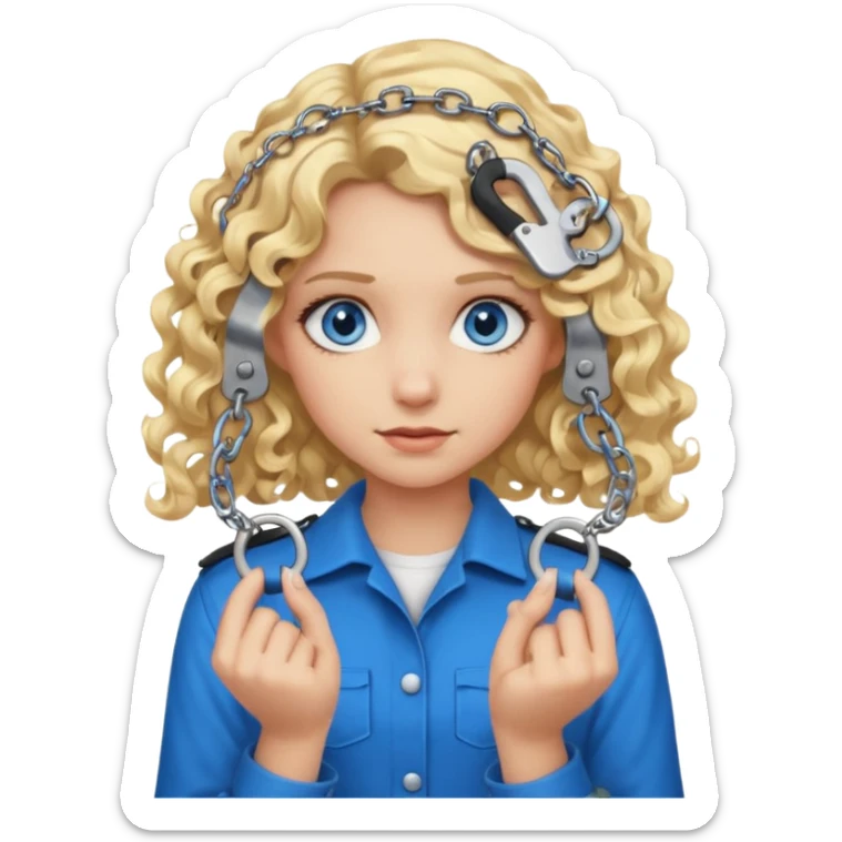 A girl with blond hair that curls at the end shoulder length and blue eyes who is breaking handcuffs sticker