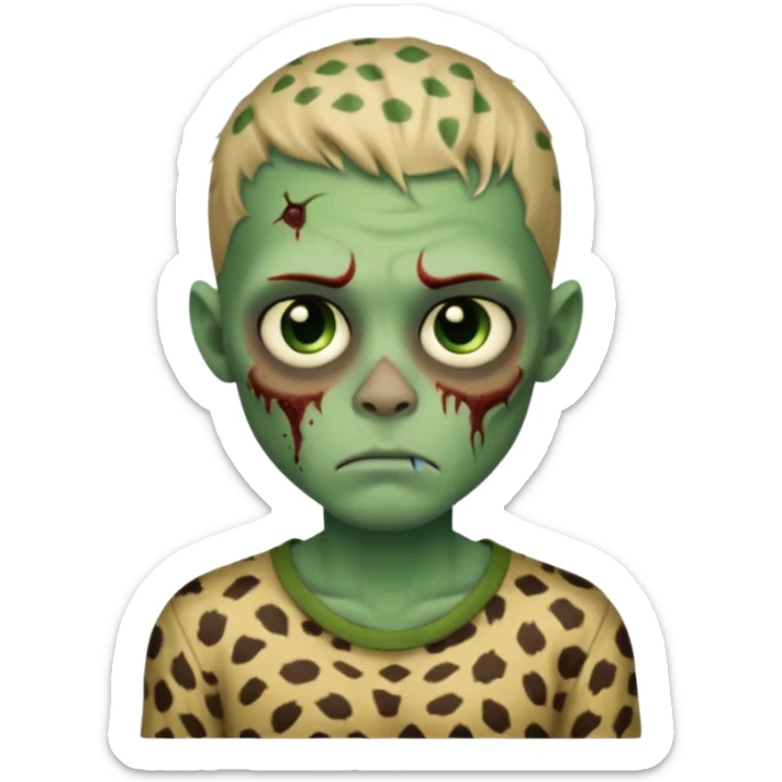 Zombie boy with green skin and sleepy eyes and scars on his face and a shirt that has cheetah texture sticker