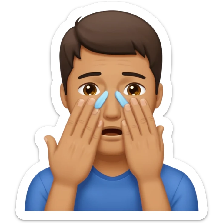Generate me a dude covering his face with one hand on annoyance while he's crying sticker