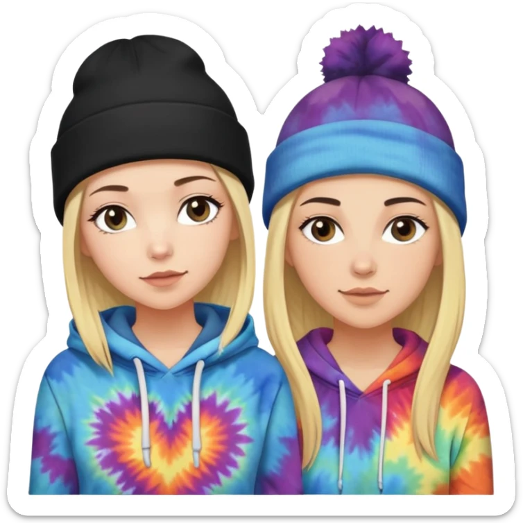 short haired white woman with brunette hair and a black beanie in love with a long haired blonde white woman with a black beanie on and tiedye hoodie sticker