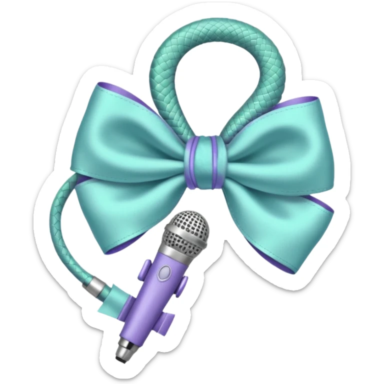 A pastel blue bow with a pastel a pastel green snake at the top of one side and a pastel purple microphone on the bottom of the other side of the bow sticker