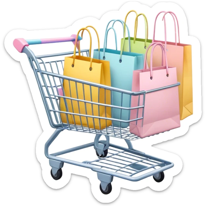 Four pastel colored shopping bags sitting in a shopping cart sticker