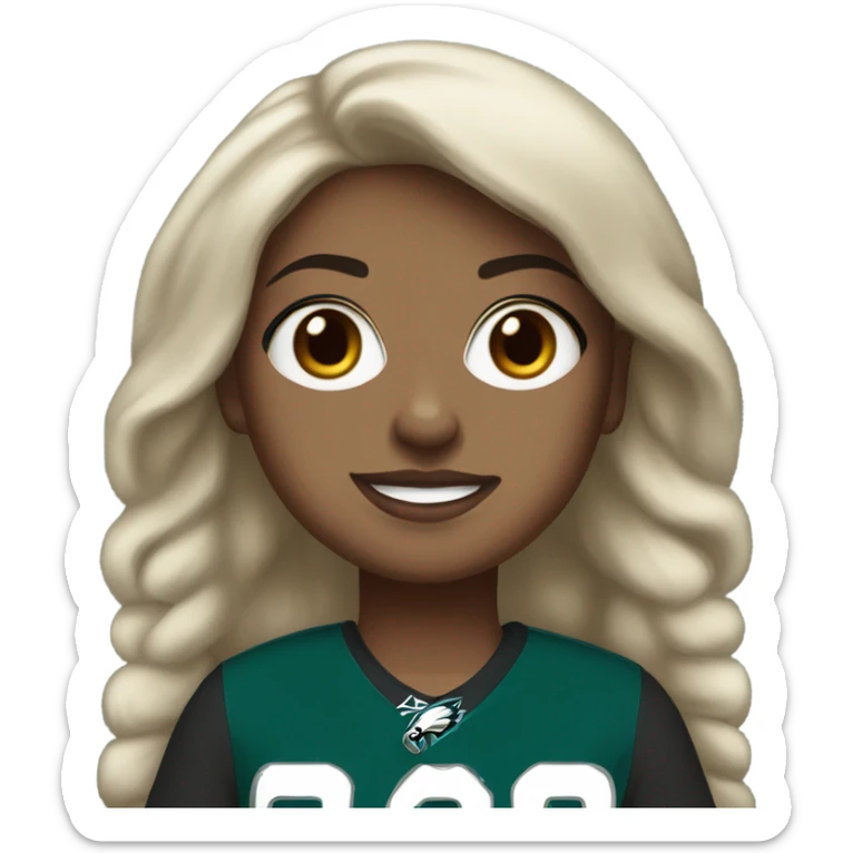 Whited skinned girl with brown hair wearing Philadelphia eagles jersey with number 26 sticker
