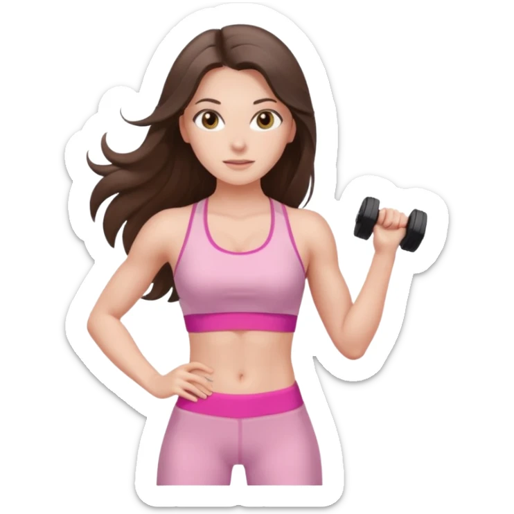 white brunette girl long hair with hazel eyes in light pink workout with abs sticker