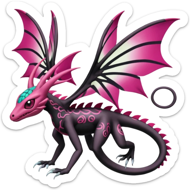 Magenta, black and white Meloetta-Flygon-Gorebyss-Salandit-Gargoyle-Pokémon-Fakémon-creature-fusion-hybrid sticker