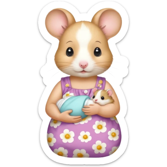Mama white pretty hamster girl wearing floral dress holding a baby hamster wearing nappy and dummy sticker