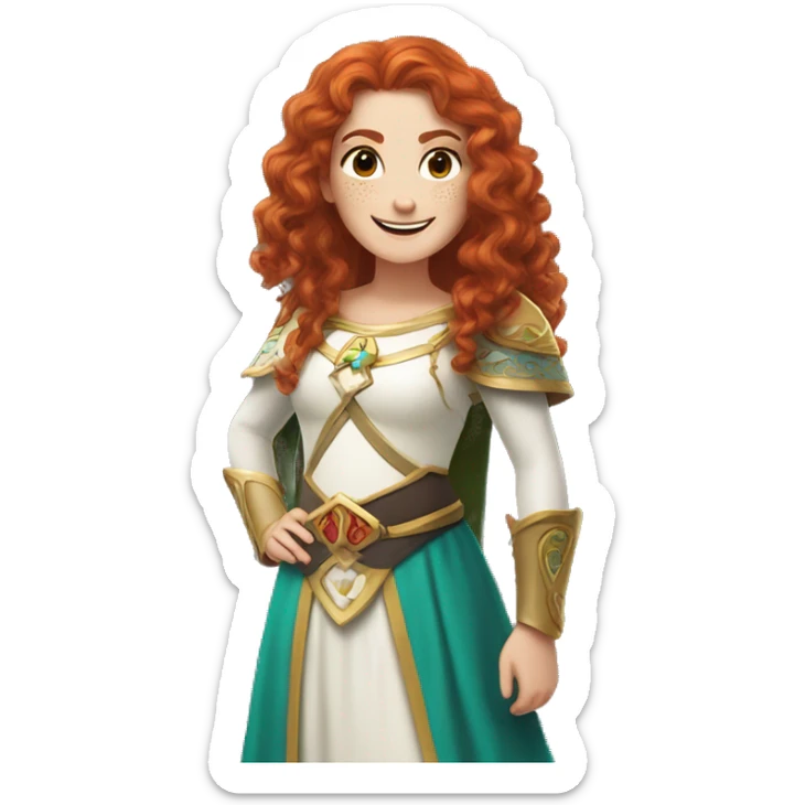 a white girl with long red curly hair and freckles, cosplaying Princess Zelda posing and smiling sticker
