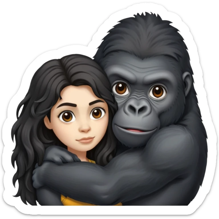 Gorilla with a beautiful girl holding it The girl has a wheatish complexion, her eyebrows are thick, arched, and not tangled. Her hair is long, black, and wavy. sticker
